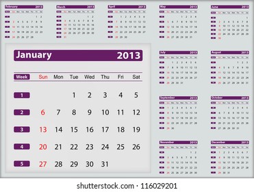 January 2013 calendar highlighting