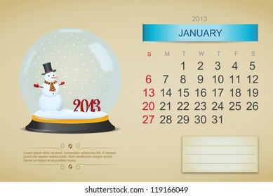 January 2013 calendar. Vector illustration