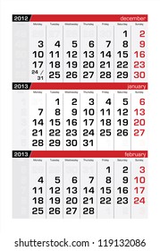 January 2013 Three-Month Calendar