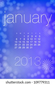 January 2013 vector calendar grid on bright blue abstract starry background