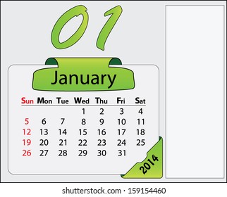 January 2014 calendar with green labels and free space. Abstract editable isolated Sunday start calendar vector design. 