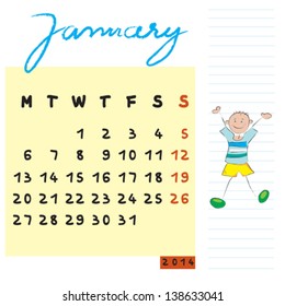 january 2014 calendar illustration, hand drawn design with the happy student profile for international schools