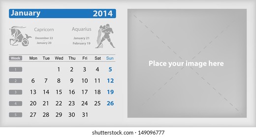 January 2014 Calendar and Zodiac Vector illustration. EPS 10