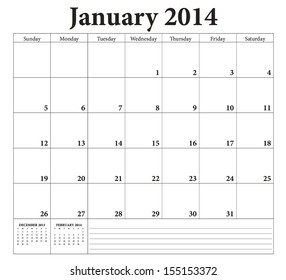 January 2014 Planning Calendar Weeks Start Stock Vector (Royalty Free ...