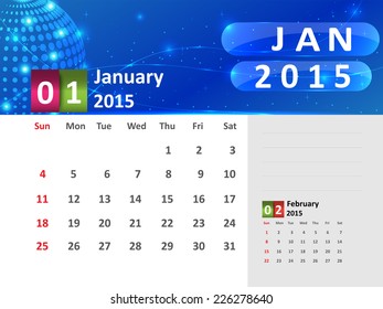 January 2015 Calendar, Blue Abstract 2015 Calendar, 2015 Calendar Vector Design. Vector Illustration.
