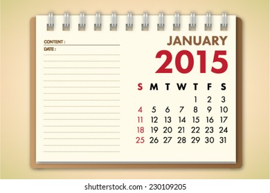 January 2015 Calendar Notebook Paper Vector 