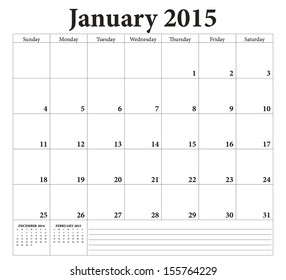 January 2015 -planning calendar. Weeks start on Sunday.