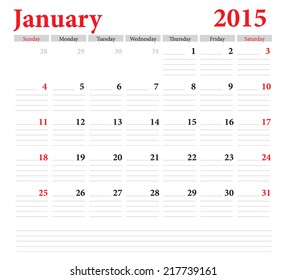 January 2015 -planning calendar. Weeks start on Sunday.