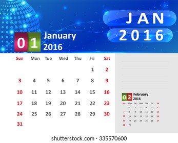 January 2016 Calendar, Abstract  Dotted Blue Globe 2016 Calendar, 2016 Calendar Vector Design. Vector Illustration.