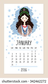 January. 2016 calendar with cute girl in kokoshnik on  background of snowflakes. Can be used like greeting cards. 