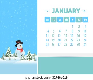 January 2016 Calendar Design, Week Starts Monday