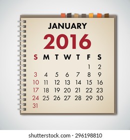 January 2016 Calendar Notebook Vector 