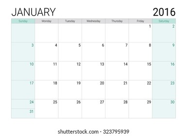 January 2016 calendar (or desk planner), weeks start from Sunday