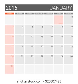 January 2016 calendar (or desk planner), weeks start from Sunday