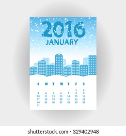 January 2016 calendar with snowing winter town.