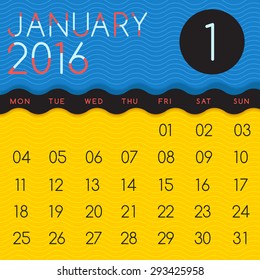 January : 2016 Calendar Template with Colorful Wavy Elements : Vector Illustration