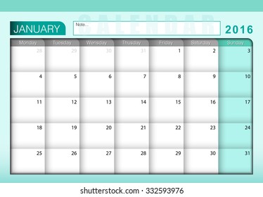 January 2016 calendar template or desk planner