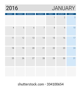 January 2016 calendar, weeks start from Monday