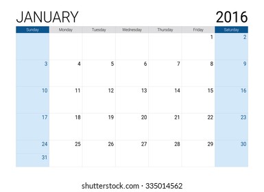 January 2016 calendar, weeks start from Sunday