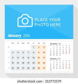 January 2016. Desk Calendar for 2016 Year. Week Starts Monday. 3 Months on Page. Vector Design Print Template with Place for Photo