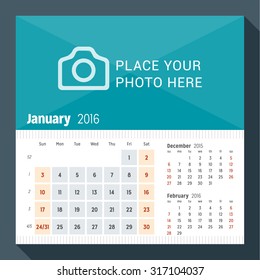 January 2016. Desk Calendar for 2016 Year. Week Starts Sunday. 3 Months on Page. Vector Design Print Template with Place for Photo