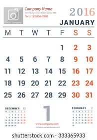 January 2016. Desk and Wall Monthly Calendar for 2016 Year. Vector Design Print Template with Place for Photo logo and description company. Week Starts Monday. Portrait Orientation