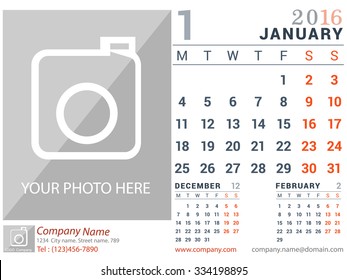 January 2016. Desk and Wall Monthly Calendar for 2016 Year. Vector Design Print Template with Place for Photo logo and description company. Week Starts Monday. Portrait Orientation