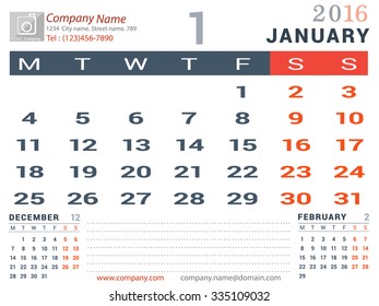 January 2016. Desk and Wall Monthly Calendar for 2016 Year. Vector Design Print Template with Place for Photo logo and description company. Week Starts Monday. Portrait Orientation