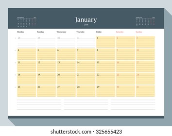 January 2016. Monthly Calendar Planner for 2016 Year. Vector Design Print Template. Week Starts Monday