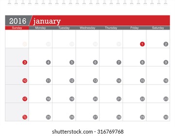 January 2016 planning calendar