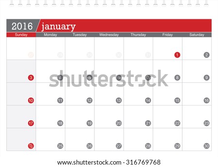 January 2016 planning calendar