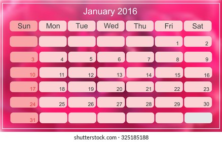January 2016. Planning calendar for january 2016. Vector illustration.