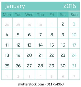 January 2016. Simple european calendar for 2016 year one month grid. Vector illustration.