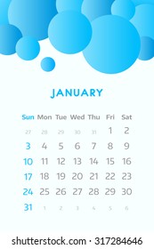 January 2016. Simple european calendar for 2016 year one month grid. Vector illustration.