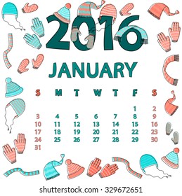 January 2016 vector calendar with striped hats, scarves and mittens