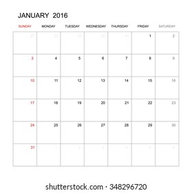 January 2016 - Vector calendar template design for planning. Week start from Sunday.