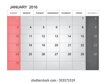 January 2016 - Vector calendar template design for planning. Week start from Sunday.