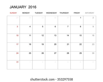 January 2016 - Vector calendar template design for planning. Week start from Sunday.