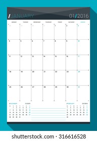 January 2016. Vector Design Print Template. Monthly Calendar Planner for 2016 Year. Week Starts Monday