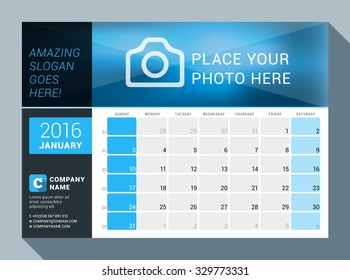 January 2016. Vector Design Print Calendar Template for 2016 Year. Place for Photo, Logo and Contact Information. Week Starts Sunday. Calendar Grid with Week Numbers and Place for Notes