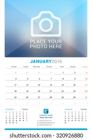 January 2016. Wall Monthly Calendar for 2016 Year. Vector Design Print Template with Place for Photo. Week Starts Monday. 3 Months on Page