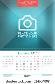 January 2016. Wall Monthly Calendar for 2016 Year. Vector Design Print Template with Place for Photo. Week Starts Monday. 3 Months on Page