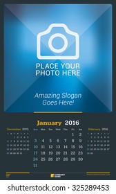 January 2016. Wall Monthly Calendar for 2016 Year. Vector Design Print Template with Place for Photo. Dark Background. Week Starts Sunday. 3 Months on Page