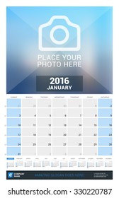 January 2016. Wall Monthly Calendar for 2016 Year. Vector Design Print Template with Place for Photo and Year Calendar. Week Starts Sunday