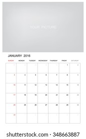 January 2016 - Wall monthly calendar for 2016 year. Vector template design with area for your picture or graphic design. Week starts from Sunday.