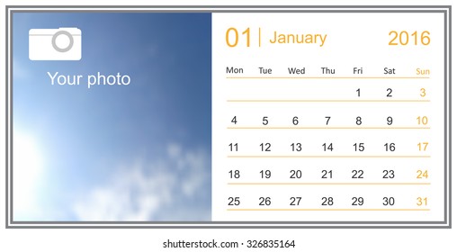 January 2016.Calendar for January 2016.Vector template.
