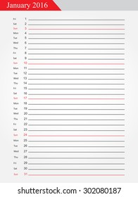 January 2016.Planning calendar for january 2016.Vector template.