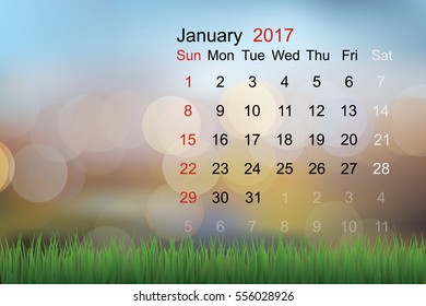 January 2017 - Abstract calendar with light blur booked background. Vector illustration.