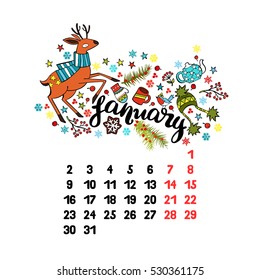 January. 2017. Calendar. Isolated vector object on white background.