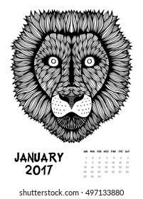 January, 2017 calendar. Line Art Black and white Illustration. Lion. Print anti-stress coloring page.